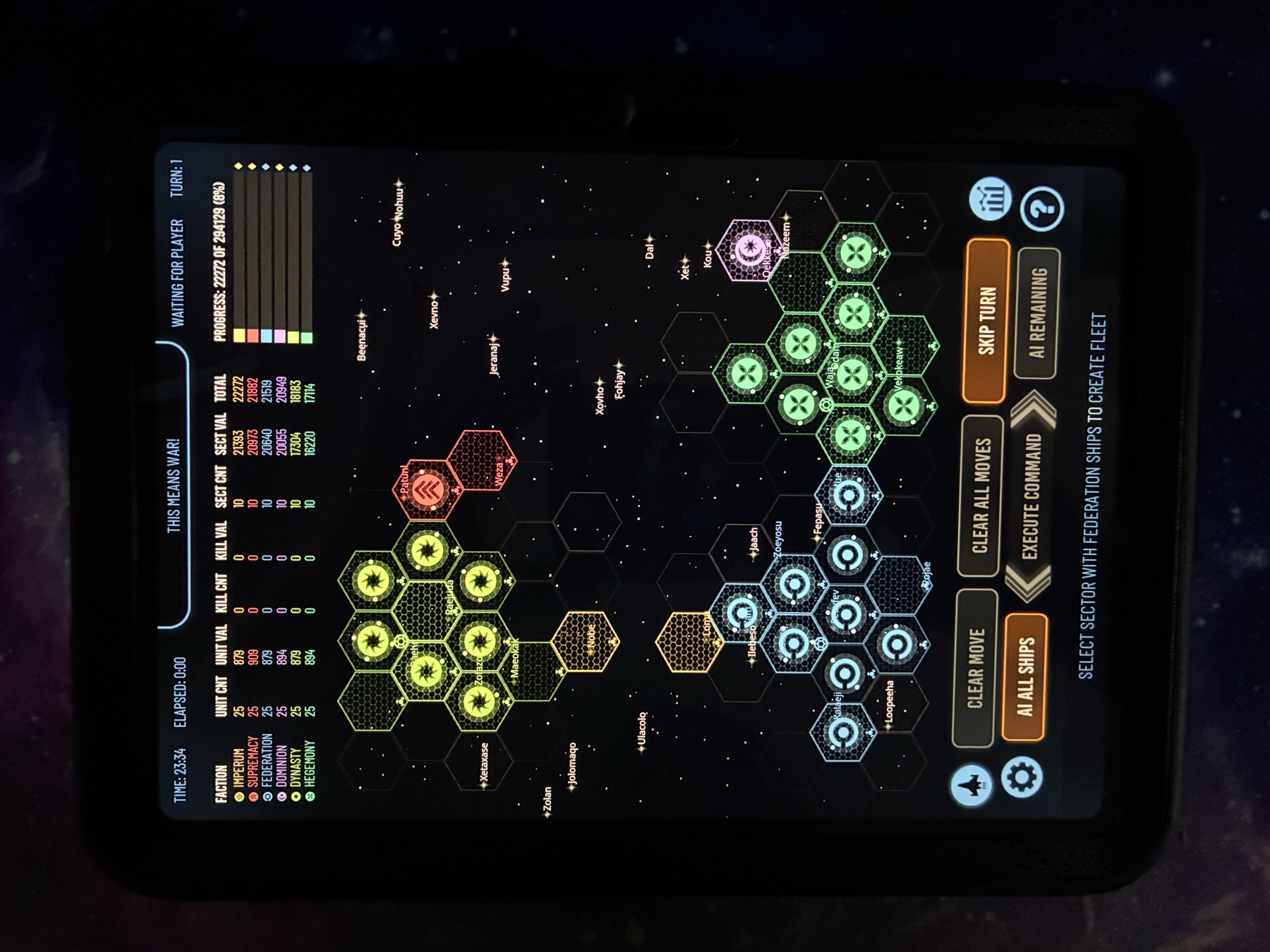 Battle Astra campaign map displayed on a tablet