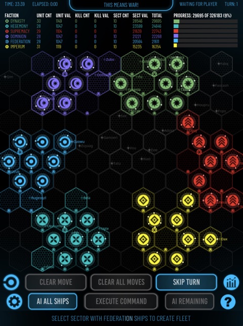 Battle Astra campaign map with six color-coded factions