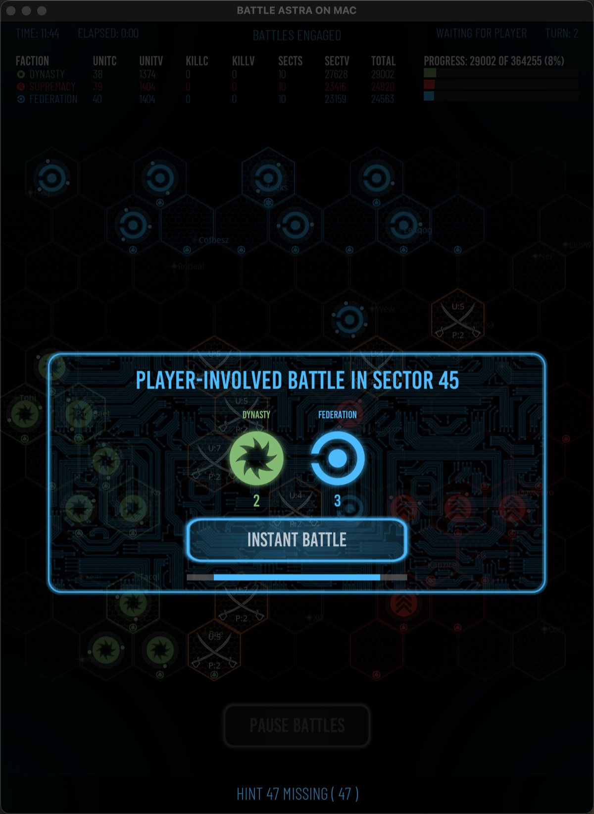 Player-involved battle redirect window showing the contested sector, participating factions, unit counts, Instant Battle choice, and countdown bar.