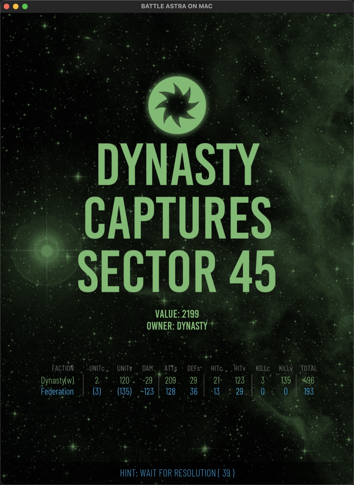 Battle victory screen showing the winning Dynasty emblem, captured sector, sector value, owner, and battle score grid.