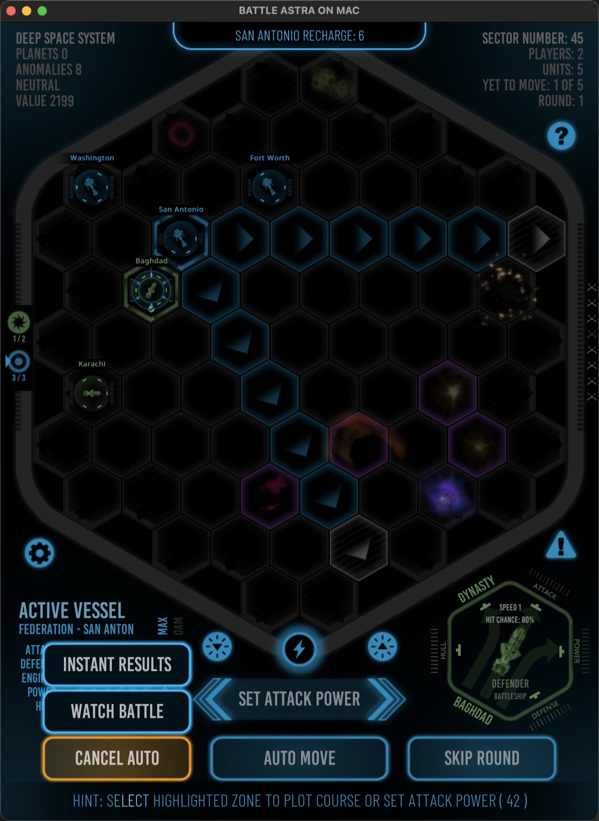 Battle map with an active Federation ship, a selected Dynasty defender, legal movement zones, hit chance, ship HUDs, and automatic battle choices.