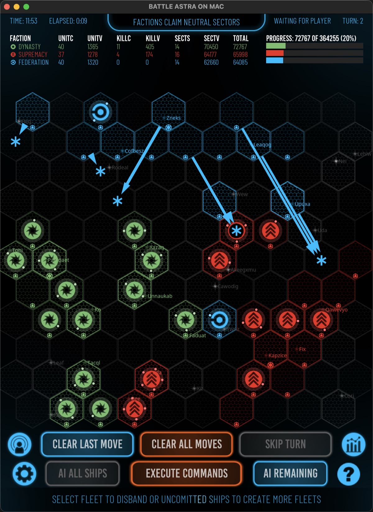 War map with several plotted fleet arrows, destination markers, and enabled order-management controls.
