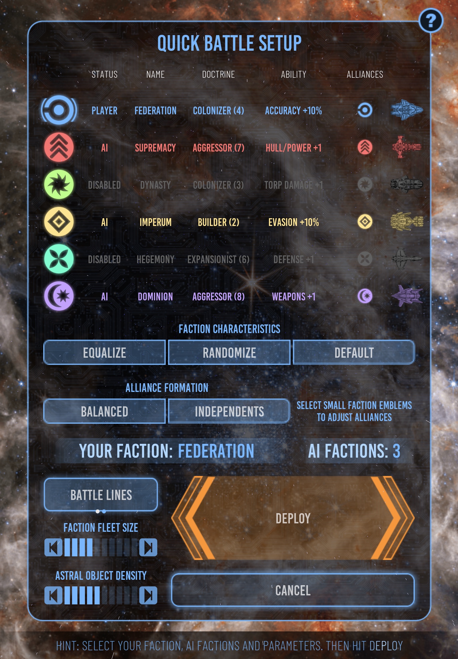 Current Quick Battle Setup screen showing faction, alliance, fleet-size, formation, and astral-object controls.