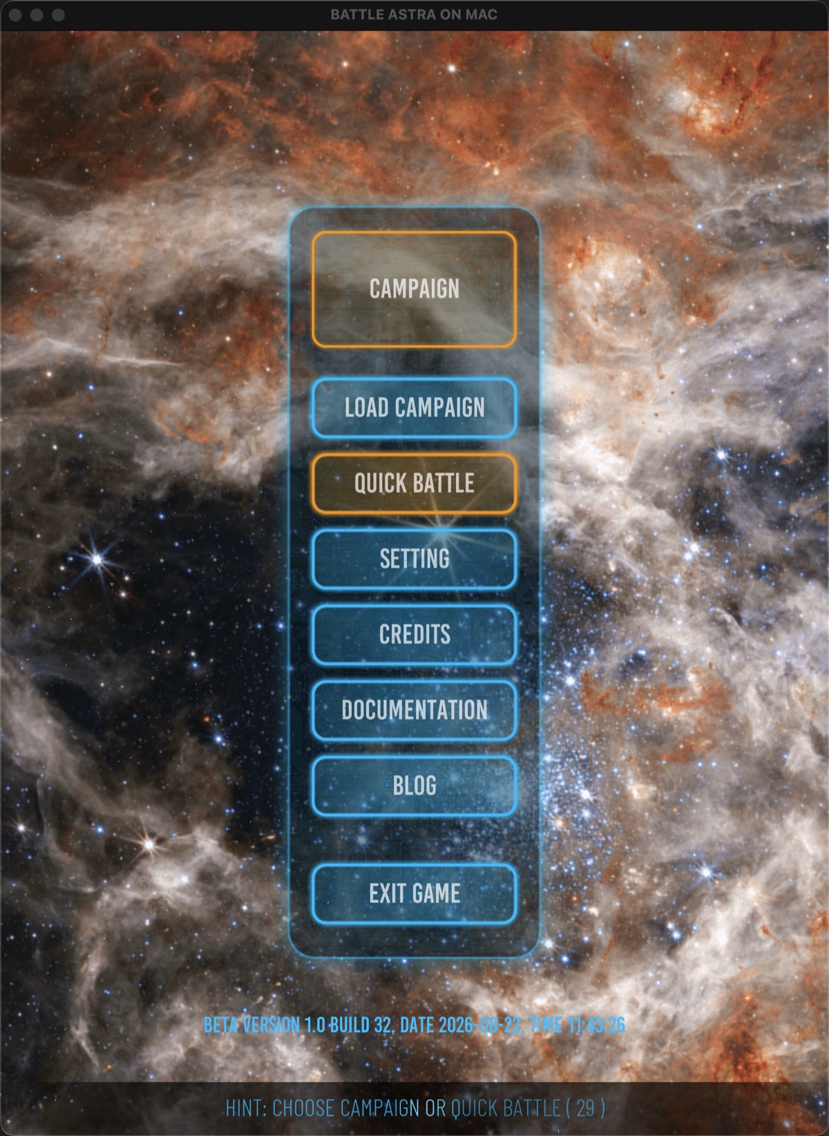 Battle Astra start screen with Campaign, Load Campaign, Quick Battle, Settings, Credits, Documentation, Blog, and Exit Game controls.