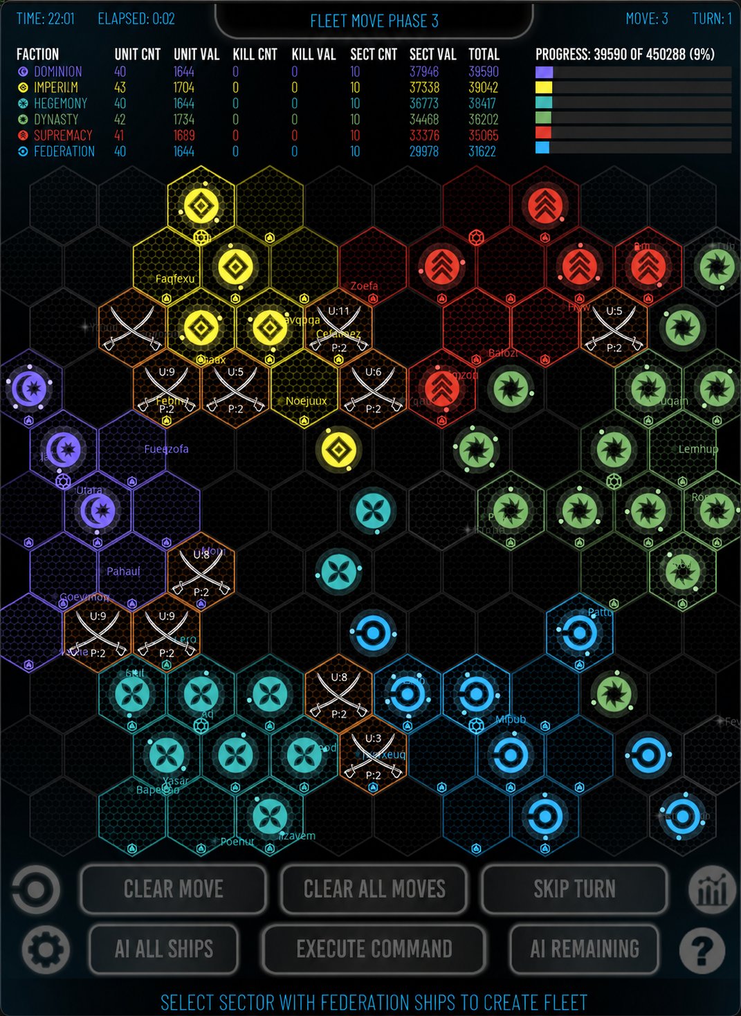 A six-faction Battle Astra campaign war map with several battles waiting to be resolved.