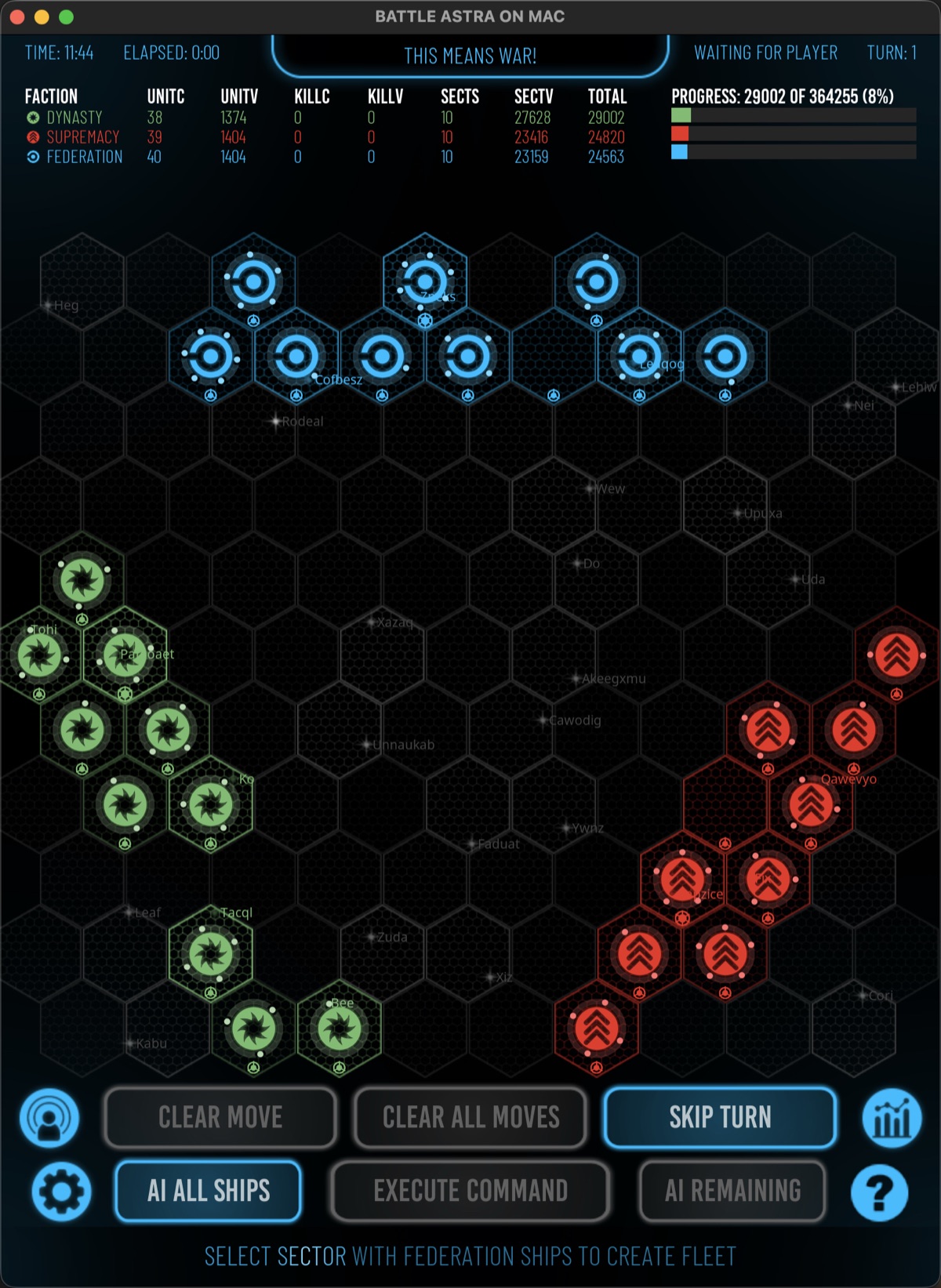 Battle Astra war map showing the campaign scoreboard, faction territory, fleet emblems, sector names, and command buttons.